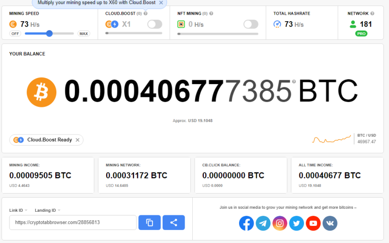 크립토탭 CryptoTab 브라우저를 통한 비트코인 채굴 현황 및 채굴 네트워크 181명 (2022.03.28)