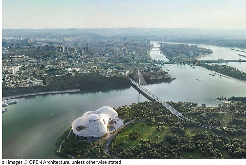 양쯔강변 유체 형태 이창 대극장 디자인  OPEN architecture unveils fluid and floating yichang grand theater along yangtze river