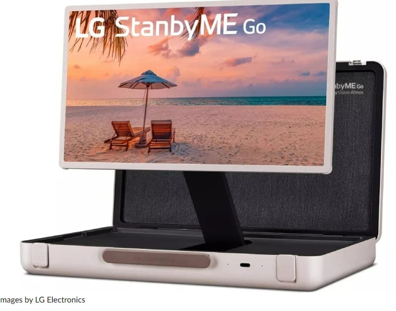 여행 가방 안에 들어가 있는 LG 스탠바이미고 VIDEO: TV LG puts rotating TV in suitcase so travelers can play movies, games & music on-the-go