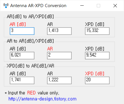Axial Ratio <--> AR[dB] & XPD (축비 <--> 교차편파분리도 변환)