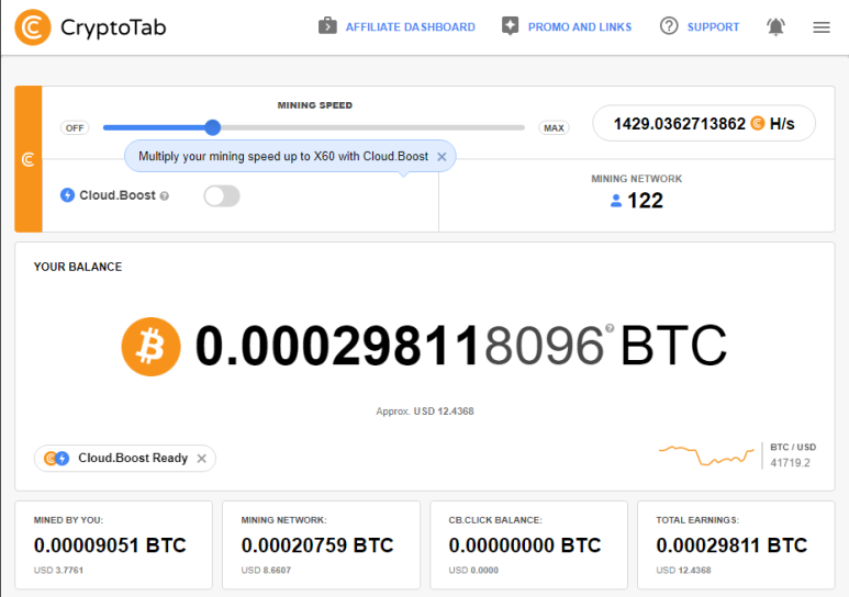 크립토탭(CryptoTab) 브라우저를 통한 비트코인 채굴 현황 및 채굴 네트워크 122명 (2022.02.07)