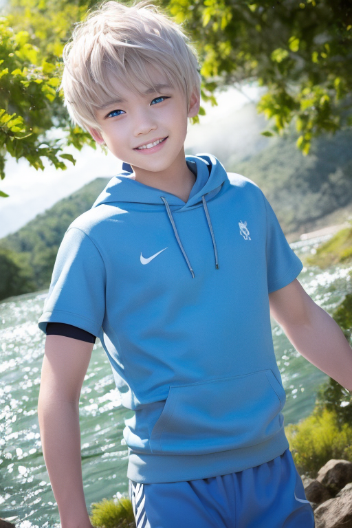 [Boy-024] Free commercially available Images of a white hair and blue eyes boy playing in a valley