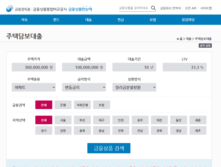 [금융감독원]주택상품통합비교공시 금융상품한눈에(저축, 펀드, 대출, 연금, 보험) - 주택담보대출 / 전세자금대출 / 개인신용대출 / 중금리신용대출, 주택금융공사대출