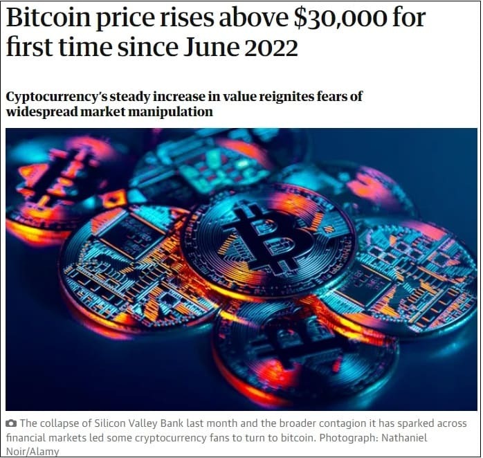 비트코인 3만불 돌파...직전 전고점 돌파 시 4만불 직행 Bitcoin price rises above $30,000 for first time since June 2022
