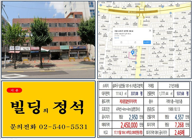 [송파구 배명사거리 200억 빌딩 실거래가 조회] 삼전동 181-6 (석촌고분역) 245억 원, 평당 7,268만 원 매매되었습니다.