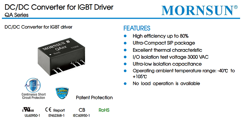 Mornsun DC/DC Converter for IGBT Driver QA Series, IGBT 드라이버용 전원 모듈