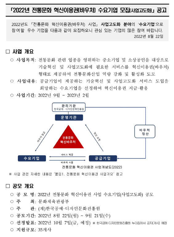 2022년 전통문화 혁신이용권(바우처) 수요기업 모집(사업고도화) 공고