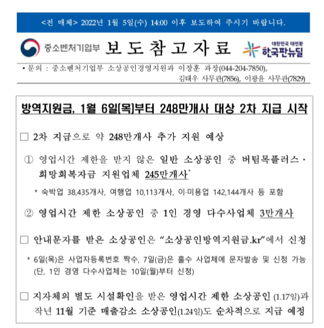 소상공인 방역지원금.kr 2차 신청방법 100만원 지급일 지급시기 대상 총정리