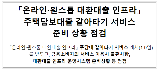 「온라인·원스톱 대환대출 인프라」주택담보대출 갈아타기 서비스 준비 상황 점검
