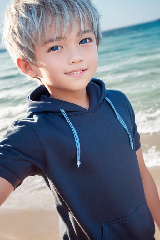 [Boy-070] Ai Boy Images: white hair, blue eyes, sea & beach background