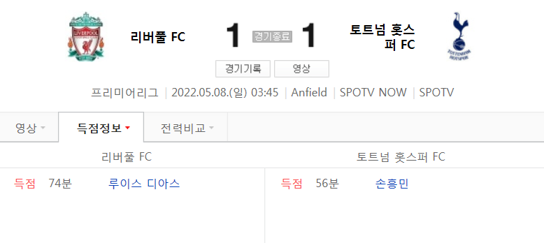 21/22 시즌 EPL 36라운드 - 리버풀 VS 토트넘 경기 (손흥민 리그 20호골 영상)