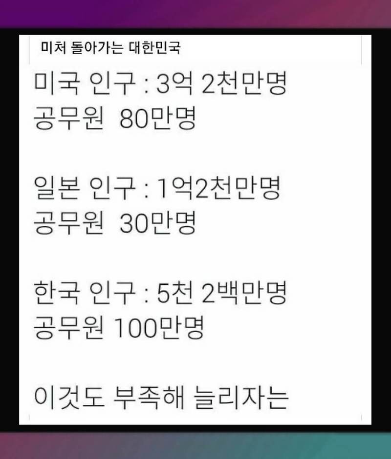 한국 공무원 수가 장난이 아니네...미쳐 돌아가는 대한민국