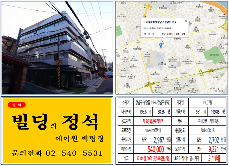 [강남구 빌딩매매 사례]청담동 19-4(강남구청역) 54억, 평당9,221만원