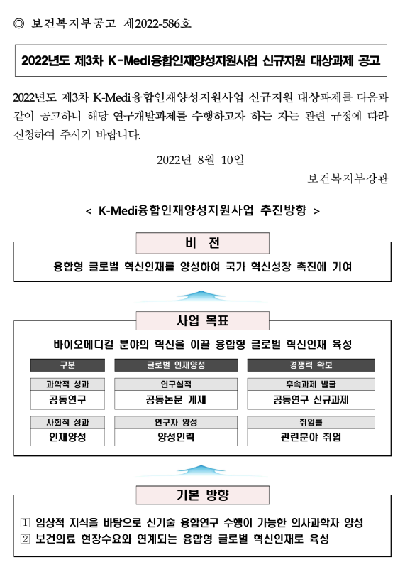 2022년 3차 K-Medi융합인재양성지원사업 신규지원 대상과제 재공고