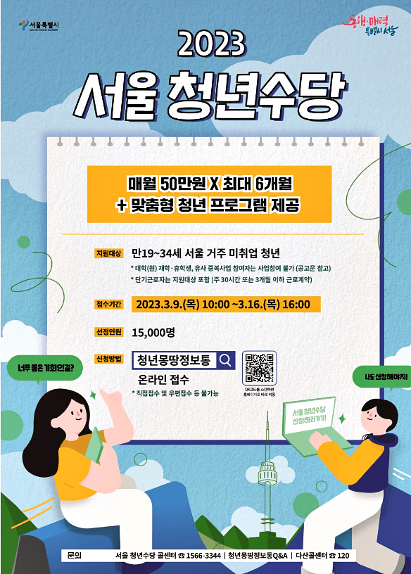 2023년 서울 청년수당 자격 조건 대상 신청방법 지급일 최대 300만원 지원