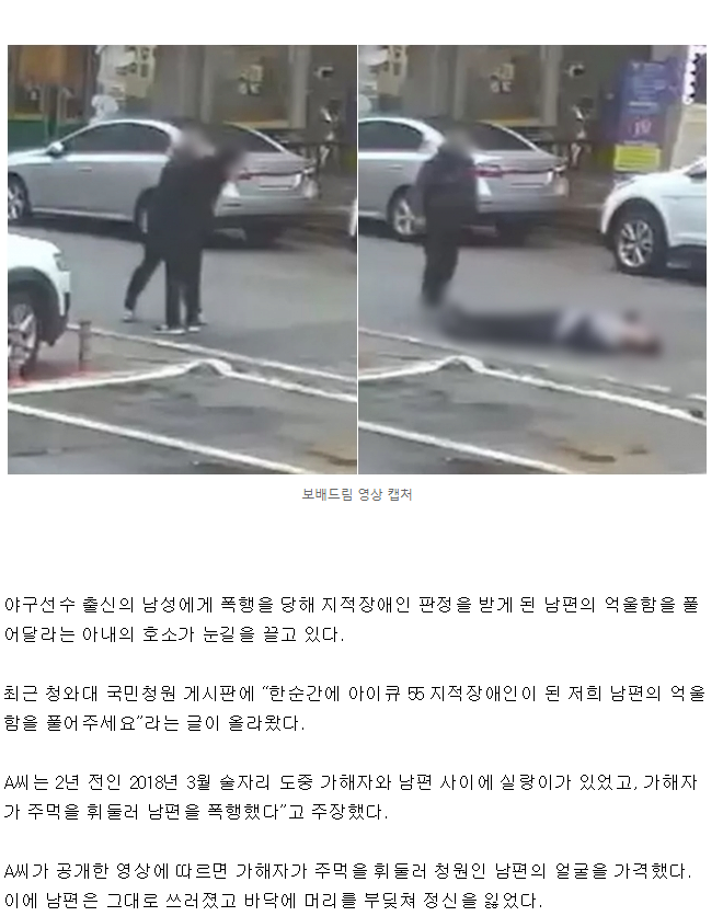 전직 야구선수 폭행 카니발 cctv 동영상 남편 지적장애인 국민 청원