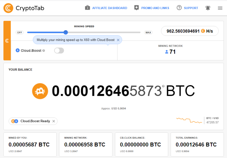크립토탭(CryptoTab)을 통한 비트코인 채굴 현황 및 채굴 네트워크 71명 (2021.12.17)