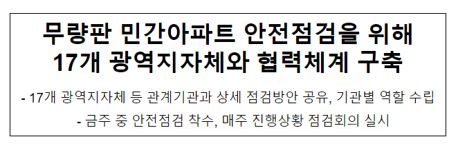 무량판 민간아파트 안전점검을 위해 17개 광역지자체와 협력체계 구축