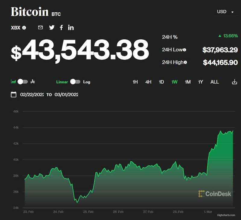 비트코인 하루만에 15% 폭등...러시아선 10% 웃돈 얹어 거래 Bitcoin jumps 13% as Russia-Ukraine conflict continues..