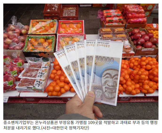 중기부, 온누리상품권 부정유통 가맹점 109곳 적발_중소벤처기업부