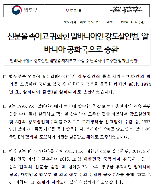 신분을 속이고 귀화한 알바니아인 강도살인범, 알바니아 공화국으로 송환