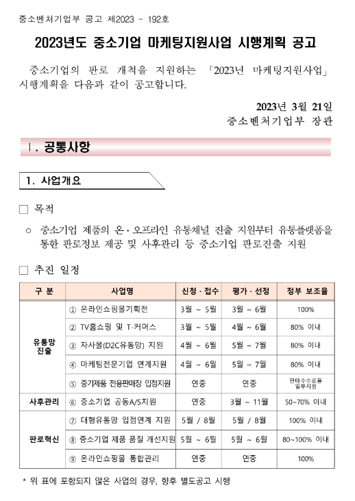 대형유통망 입점연계 지원(2023년 중소기업 마케팅지원사업 시행계획 공고)