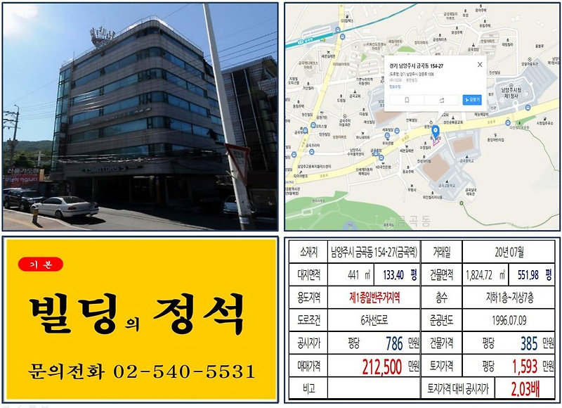[남양주시 남양주시청 앞 20억 꼬마빌딩 실거래가 조회] 금곡동 154-27 (금곡역) 21억 2,500만 원, 평당 1,593만 원 매매되었습