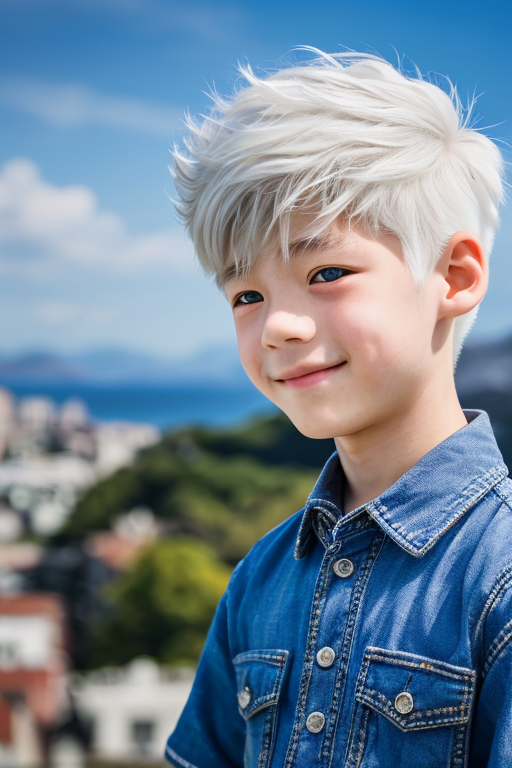 [Boy-002] boy, man, white hair, blue eyes, handsome, cute, teen, teenage, city, street background, free images, Ai images