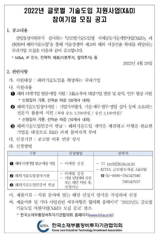 2022년 글로벌 기술도입 지원사업(X&D) 참여기업 모집 공고