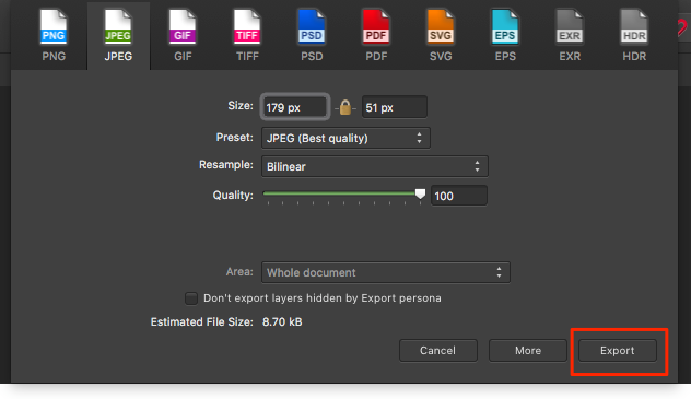 affinity photo 에서 파일 export 방법
