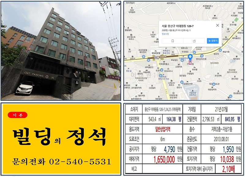 [용산구 이태원로 100억 빌딩 실거래가 조회] 이태원동 126-7,24,25 (이태원역) 165억 원, 평당 1억 38만 원 매매되었습니다.