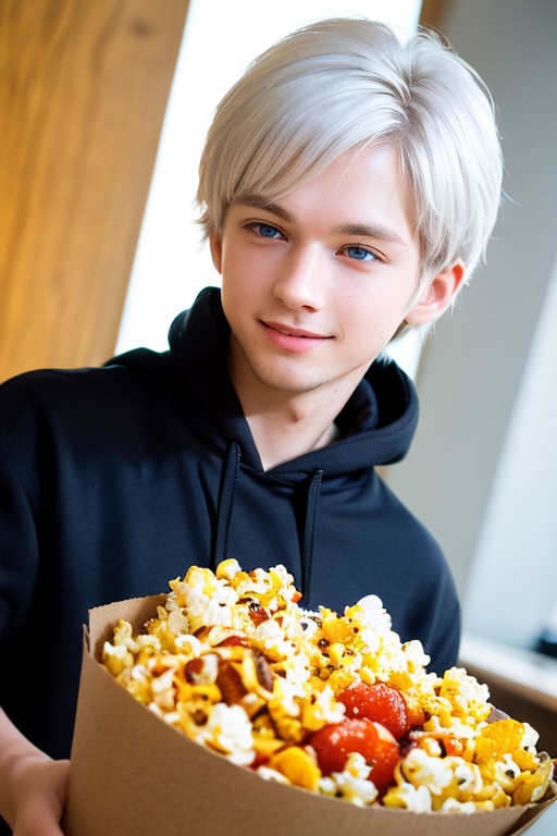 [Boy-082] white hair and blue eyes teen boy in a cafe & restaurant background