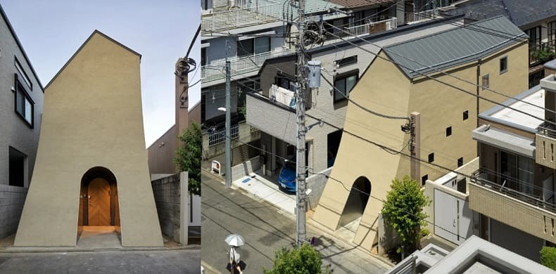 도쿄의 만화가의 홈 스튜디오 쉘터 A sweeping introverted facade shelters a manga artist's split-leveled home studio in tokyo