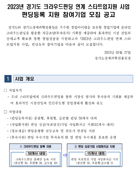 [경기] 2023년 크라우드펀딩 연계 스타트업 지원사업(펀딩등록) 참여기업 모집 공고