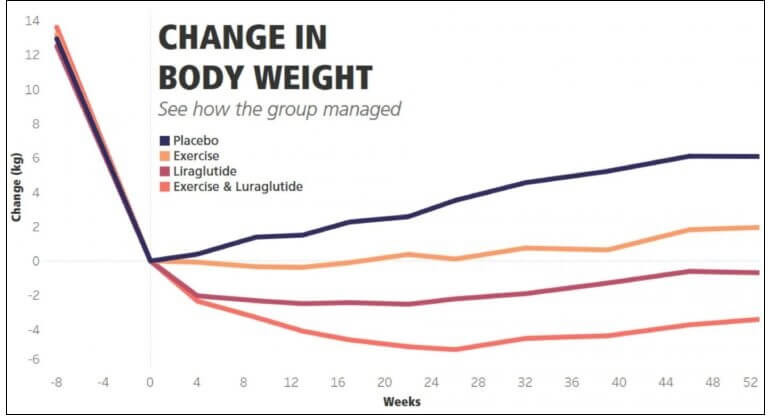 힘들게 감량한 체중, 유지하는 비결 Healthy Weight Loss Maintenance with Exercise, Liraglutide, or Both Combined