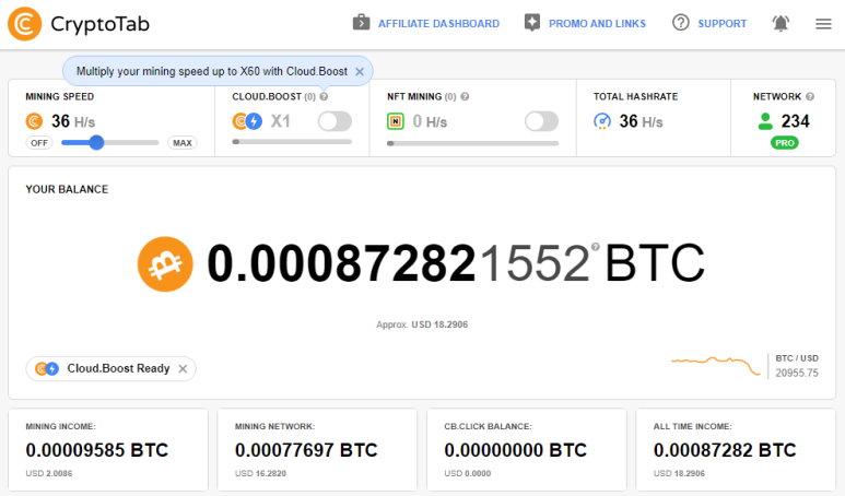 크립토탭 CryptoTab 브라우저를 통한 비트코인 채굴 현황 및 채굴 네트워크 234명 (2022.06.16)