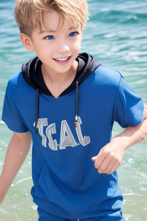[Boy-170] Free Ai images, illustrations, sea background, beach background, summer, with blond blue eyes, male characters, real life Ai images, illustrations, sea background, beach background, summer