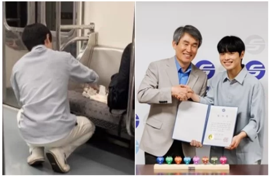 남의 토사물 치운 지하철 6호선 천사 청년 영상 '서울교통공사 감사장 기념품 받아'