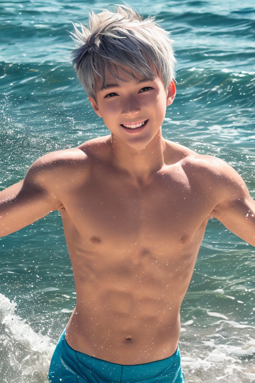 [Boy-073] Handsome White haird boy with summer sea background