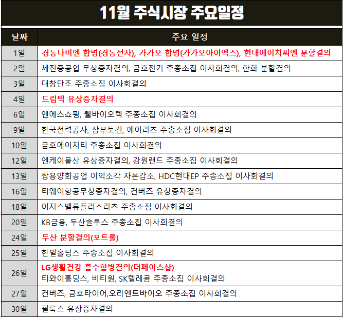 11월 주식시장 주요일정(lg생활건강,경동나비엔 합병,드림텍 유상증자 등)