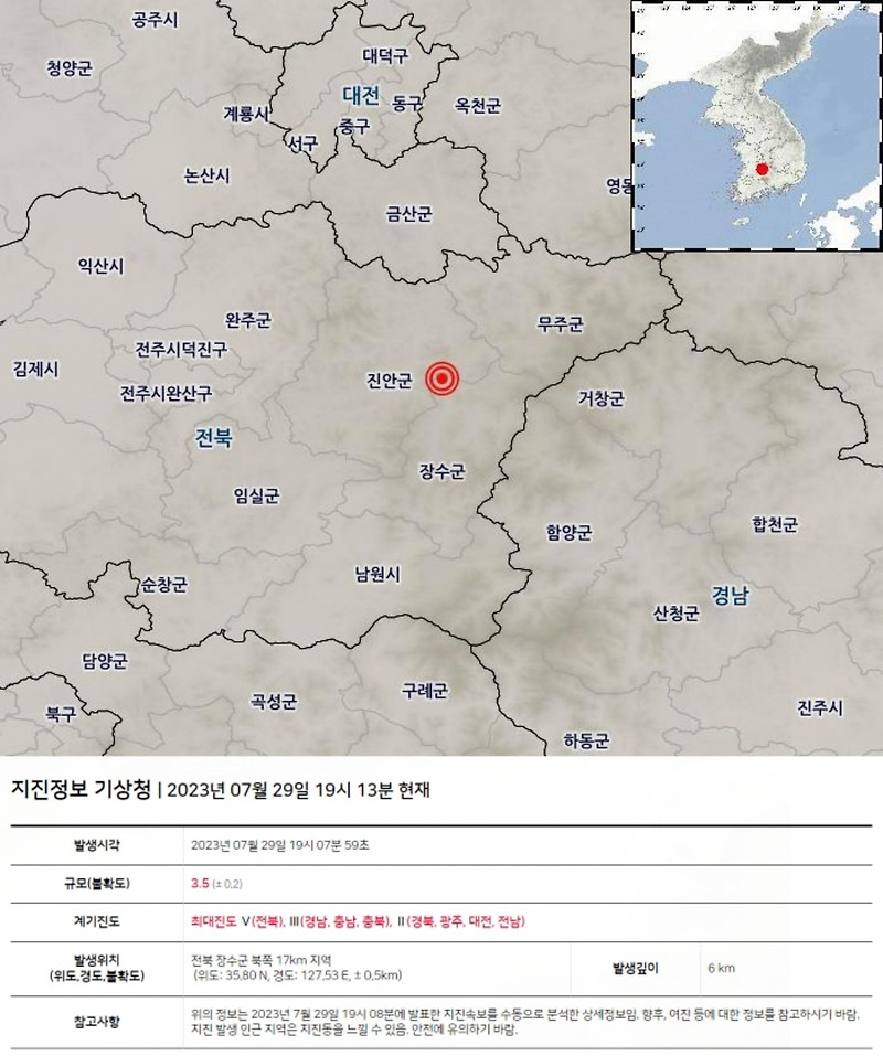 전북 장수 지진 진도 3.5 규모 발생 재난문자 발송