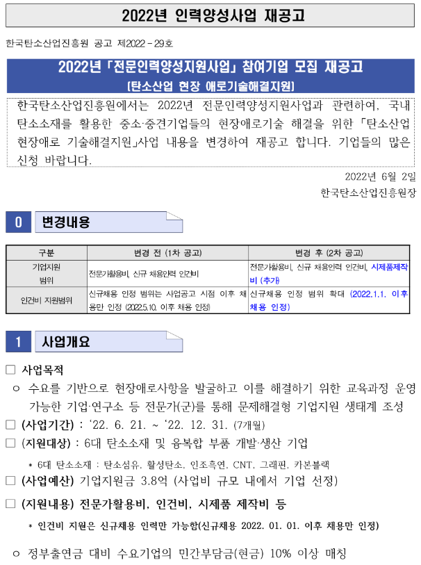 2022년 전문인력양성사업(탄소산업현장 애로기술해결) 참여기업 모집 공고