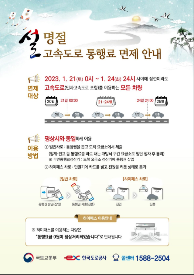 설 연휴 고속도로 통행료 면제 소식
