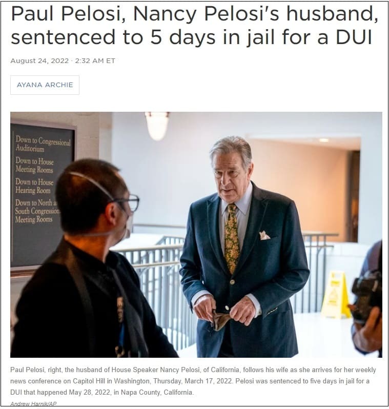 감히 미 정치계 서열 3위의 남편을 전과자로 만든 미국 법원 Paul Pelosi, Nancy Pelosi's husband, sentenced to 5 days in jail for a DUI