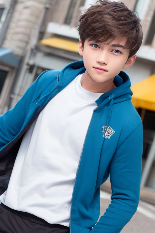 [Boy-203] Commercially available brown hair & blue eyes boy Ai Free live-action image of a person, street background