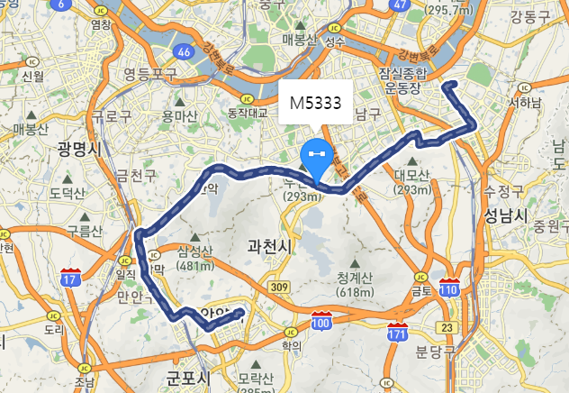 [광역급행] M5333 버스 노선 시간표 : 잠실역, 석수역, 안양역, 범계역