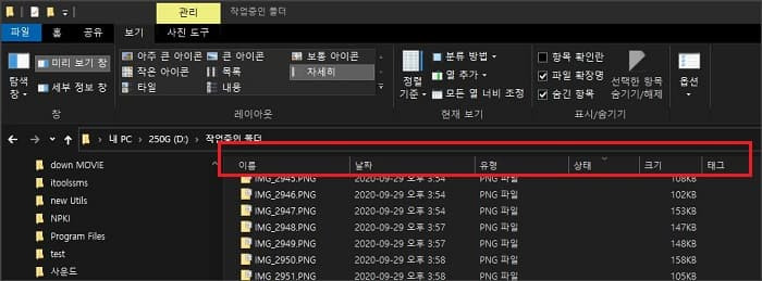 파일 탐색기에서 자세히 설정일 경우 파일 분류 사용자 설정하기