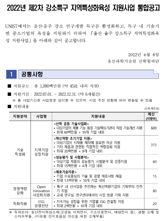 [울산] 울주강소특구 2022년 2차 지역특성화육성 지원사업 통합 공고