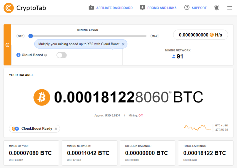 크립토탭(CryptoTab) 브라우저를 통한 비트코인 채굴 현황 및 채굴 네트워크 91명 (2022.01.03)