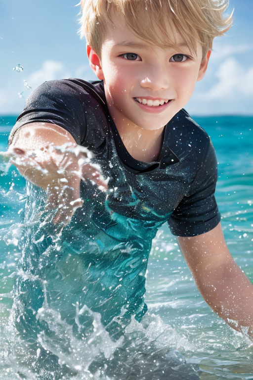 [Boy-175] Free image of a handsome blond boy playing in the summer sea & beach
